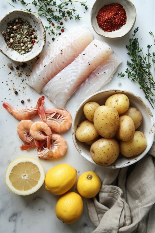 ingredientes merluza con langostinos y patatas
